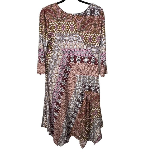 New Directions Boho Swing Dress Small Brown Pink Patchwork Fall Flare - Picture 9 of 12